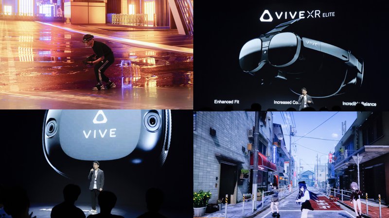 現場透過VIVE XR Elite（右圖上）及VIVE自定位追蹤器（左圖下）即時演示全身追蹤技術，生動地以3D虛擬分身（右圖下）進行舞蹈表演，以及VR/XR軍事射擊訓練遊戲（左上圖），為使用者帶來更高自由度及更接近真實世界的互動體驗。